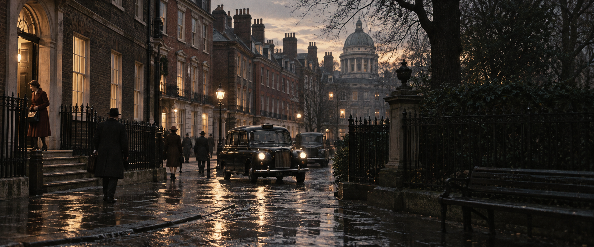 Historic London street after rain